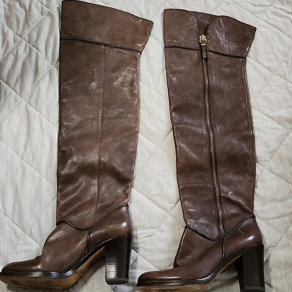 Via Spiga Genuine Leather Brown Over The Knee Leather Boots Heeled Zip Up Size 8